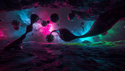 A surreal abstract landscape where gravity is distorted