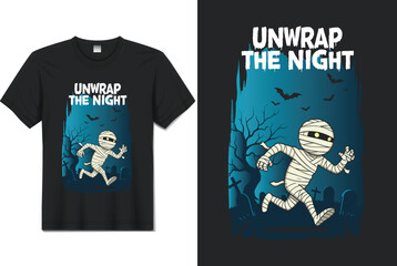 Unwrap the Night &ndash; Cute Mummy Running in Graveyard Halloween T‑Shirt Cartoon Vector