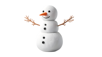 Joyful snowman with carrot nose, twig arms, and button eyes smiles warmly, ready for winter fun