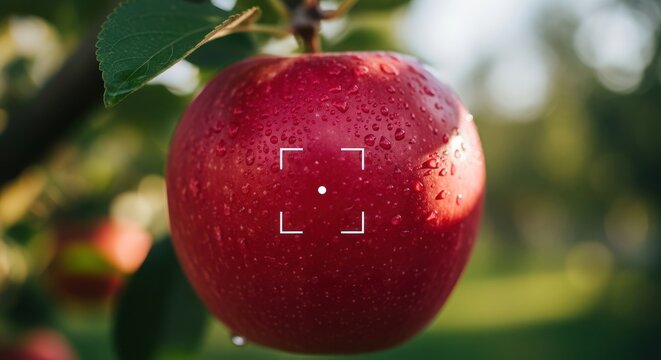 Fresh Red Apple with Water Droplets on Tree Branch, Focus Square