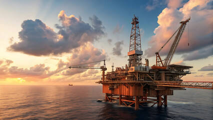 Offshore oil platform at sunset in the sea for energy production