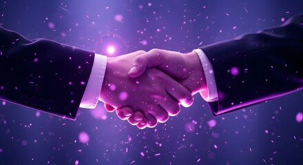 A handshake between two business partners with a purple sparkle effect in the background