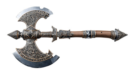 Intricately designed medieval battle axe with ornate metalwork and wooden handle, a powerful symbol of strength and history.