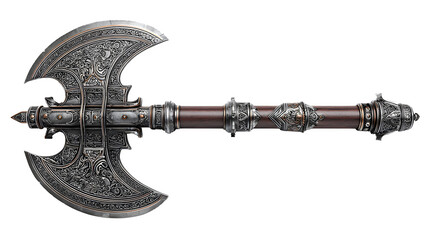 Intricate antique battle axe with ornate metalwork and wooden handle, a powerful artifact