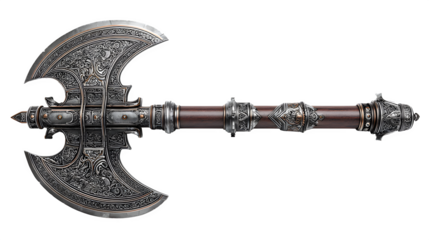 Intricate antique battle axe with ornate metalwork and wooden handle, a powerful artifact