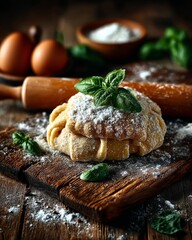 Delicious homemade pastry dusted with flour and garnished with fresh basil, on a rustic wooden board with baking ingredients