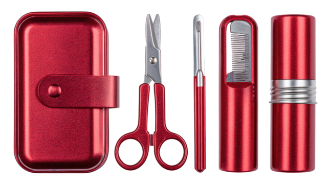 Red case with scissors, precise cutting and styling tools for professionals red