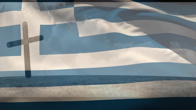 Greek national flag unfurling over sea and sky in breeze, creasing and billowing continuously