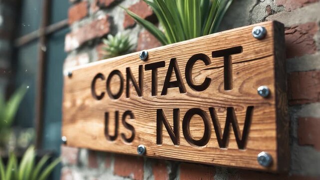 Wooden signboard with bold black text reading contact us now mounted on brick wall with green plants in outdoor setting

