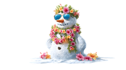 Joyful snowman wearing sunglasses and floral leis embraces summer vibes with melting snow and tropical flowers