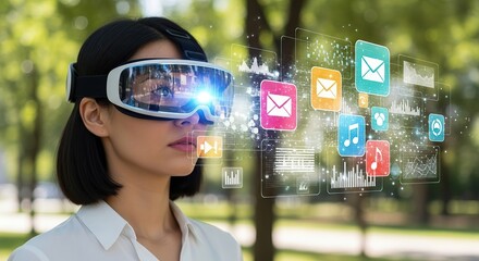 Woman wearing virtual reality headset experiencing augmented reality interface outdoors