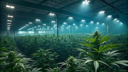 Indoor cannabis farm with rows of plants under artificial lighting system
