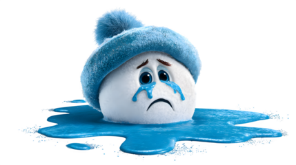 Melting snowman with blue hat and tears cries sadly as he dissolves into a puddle