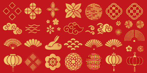 Golden chinese new year symbols on red background
