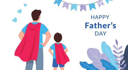 Happy fathers day superhero dad and son illustration