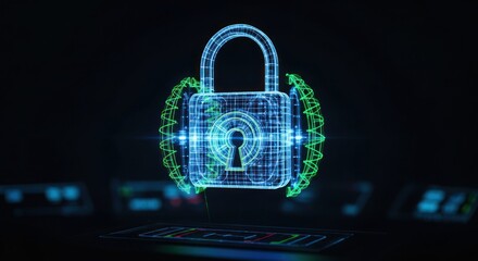 Digital Security: Holographic Padlock with Green Energy Field on Laptop Keyboard