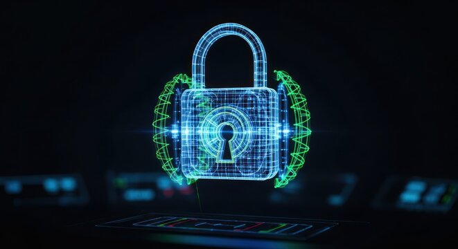 Digital Security: Holographic Padlock with Green Energy Field on Laptop Keyboard