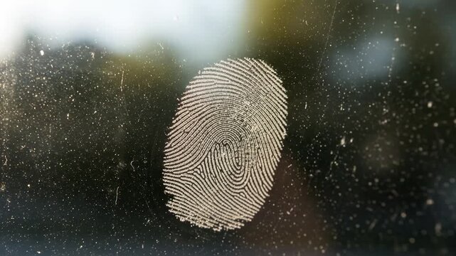 Fingerprint on Dirty Glass Surface Revealing Crime Scene Evidence Close Up