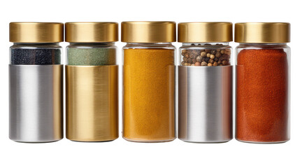 Aromatic spice collection, glass bottles filled with vibrant and colorful spices