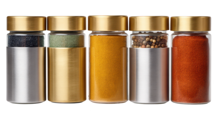 Aromatic spice collection, glass bottles filled with vibrant and colorful spices