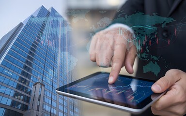 Modern businessman using a tablet with a digital world map overlay and a futuristic skyscraper in the background symbolizing global business and technology