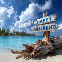 Enjoy Happy weekend road sign blue sky clouds motivation relaxation message	