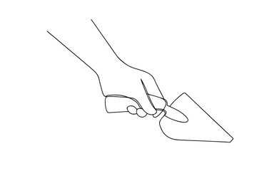Hand holding a trowel in continuous line drawing style single line tool construction