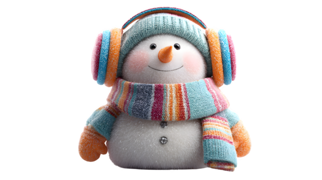 Adorable fluffy snowman sporting colorful knitted winter hat, earmuffs, and striped scarf