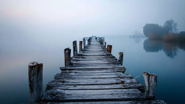 An old, weathered wooden pier stretches into a foggy, tranquil lake at dawn.