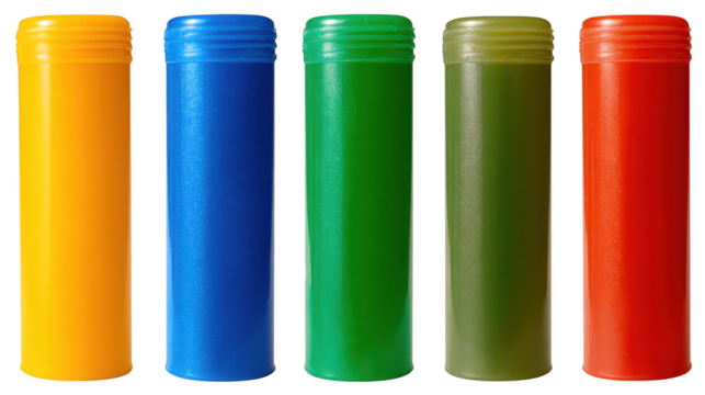 Colorful plastic bottles isolated on white, a collection of four different colored containers