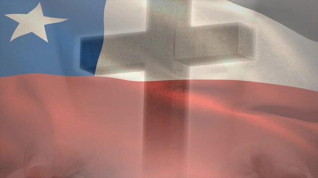 Banner rippling with blue canton and white star, revealing cross in tech demo, displaying symbol