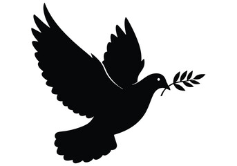 Obraz premium Dove Symbol of Peace Flying with Olive Branch in its Beak Graphic Design Vector Silhouette Isolated