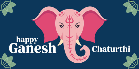 Illustration of Lord Ganesha's pink elephant face with festive text Happy Ganesh Chaturthi on dark blue background and decorative leaf corners