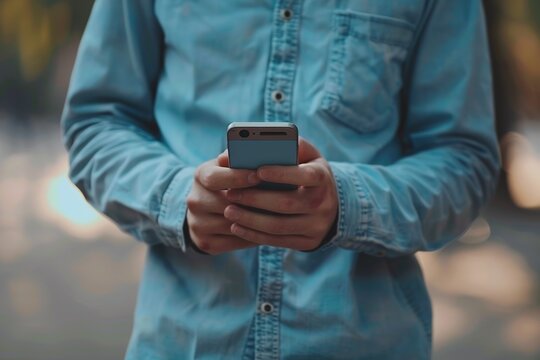 Man using smartphone outdoors denim shirt