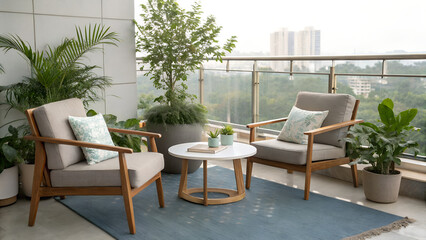 Obraz premium Modern Balcony Seating with Wooden Chairs and Lush Green Plants