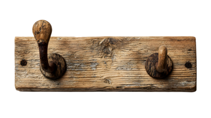 Rustic wooden coat rack with antique iron hooks evokes vintage charm and practical storage solutions.