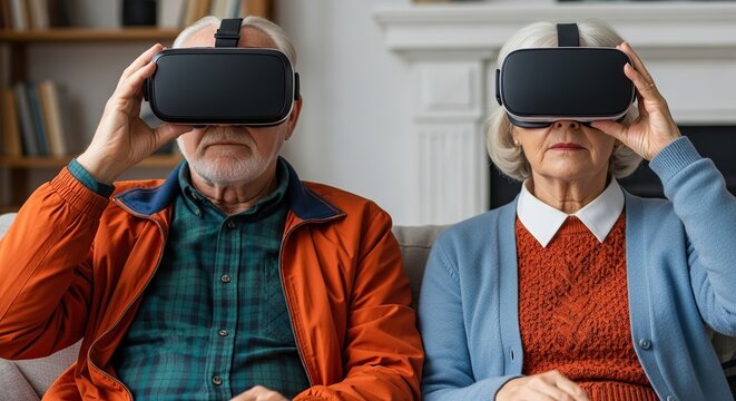 Elderly couple enjoying virtual reality together indoors