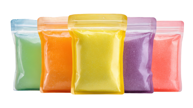 A row of five colorful candy bags, sweet treat for every occasion colorful