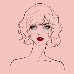Elegant Woman Portrait Vector – Glamorous Short Hair, Blue Eyes, Red Lips