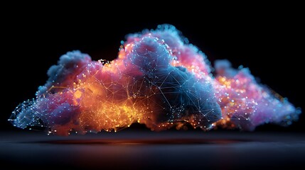 Abstract cloud formation with glowing nodes and network connections on a dark background scene