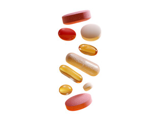 Assorted colorful pills and capsules falling in a vertical line isolated on transparent background