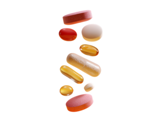 Assorted colorful pills and capsules falling in a vertical line isolated on transparent background