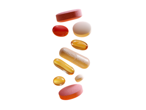 Assorted colorful pills and capsules falling in a vertical line isolated on transparent background