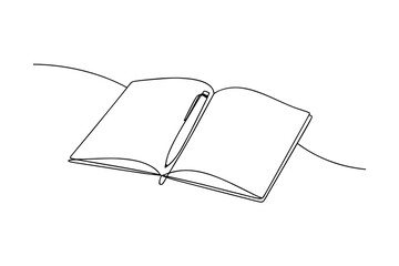 Open notebook with pen drawn in continuous line art style single line writing drawing