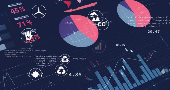 Opening canvas displaying table and code, fading icons animating pie and bar charts showing metrics