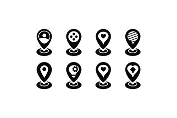Minimal travel location pin icons set with map and navigation symbols