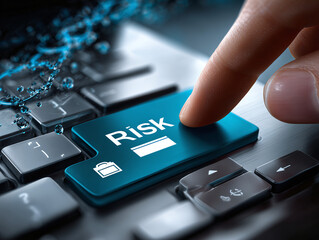 Finger pressing a Risk button on a keyboard, a metaphor for security and data protection