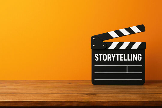 Black film clapperboard with the word Storytelling written on it against an orange background