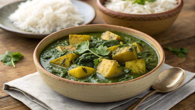 Potato and Spinach Curry (Aaloo Palak) Served in Ceramic Bowl with Rice &ndash; Vibrant Homestyle Dish