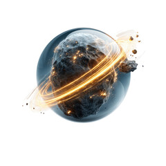 Encapsulated Celestial Body with Glowing Rings and Debris